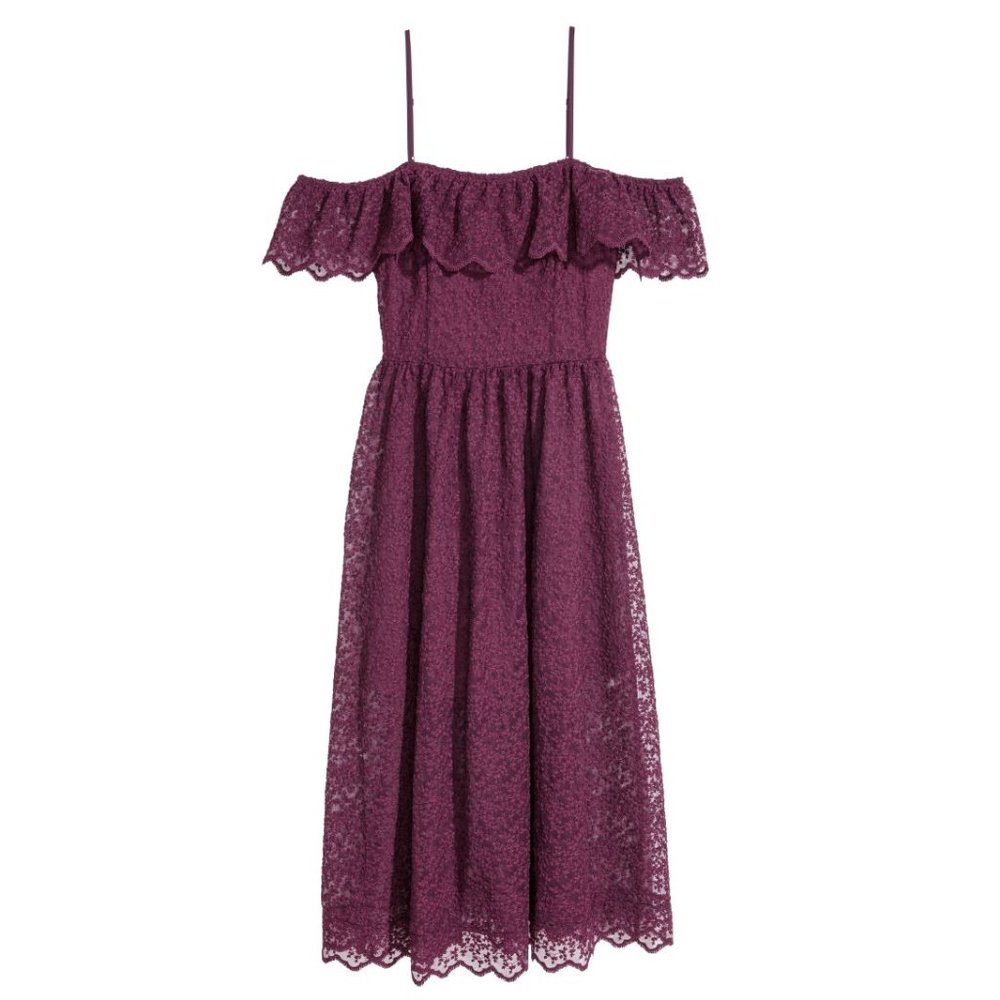 H&M Off the shoulder Burgandy, Maroon Lace Midi Dress, Size 4, Sleeveless, Lace